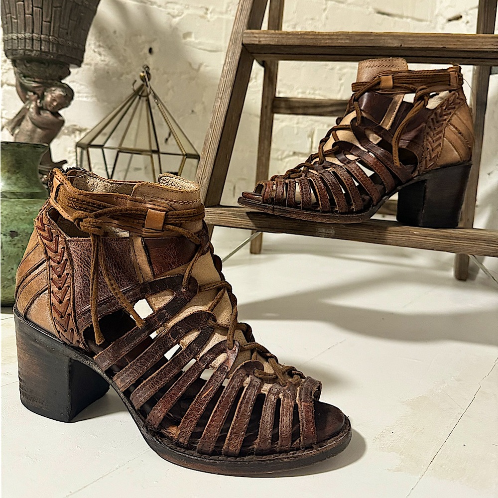 Freebird by Steven Wazee Brown leather strappy sandal booties